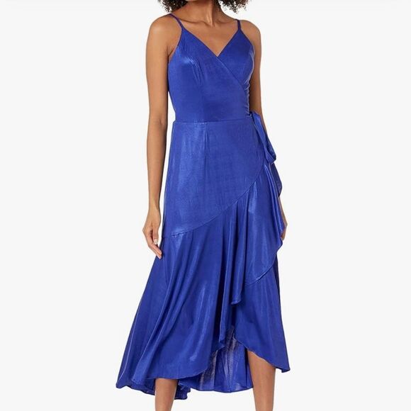 Dress The Population Blue Salome Wrap High Low Midi Dress - Picture 1 of 9
